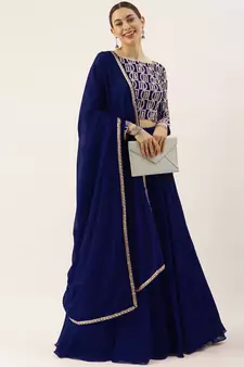 blue georgette thread embroidered lehenga set choli with dupatta 