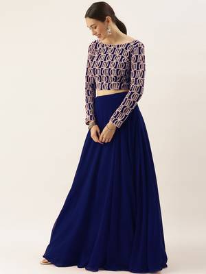 blue georgette thread embroidered lehenga set choli with dupatta  3