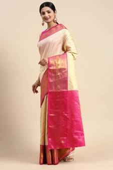 Cream Woven Banarasi Saree With Blouse