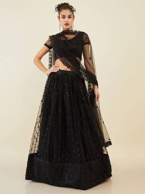 black net embroidered wedding lehenga set choli with dupatta for women 1