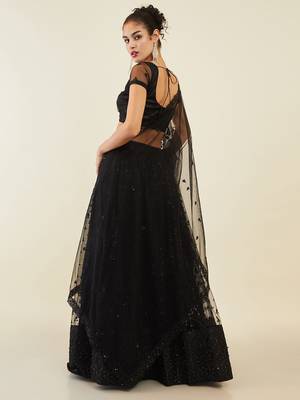 black net embroidered wedding lehenga set choli with dupatta for women 2