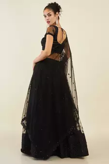 black net embroidered wedding lehenga set choli with dupatta for women
