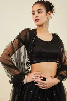black net embroidered wedding lehenga set choli with dupatta for women