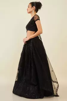 black net embroidered wedding lehenga set choli with dupatta for women