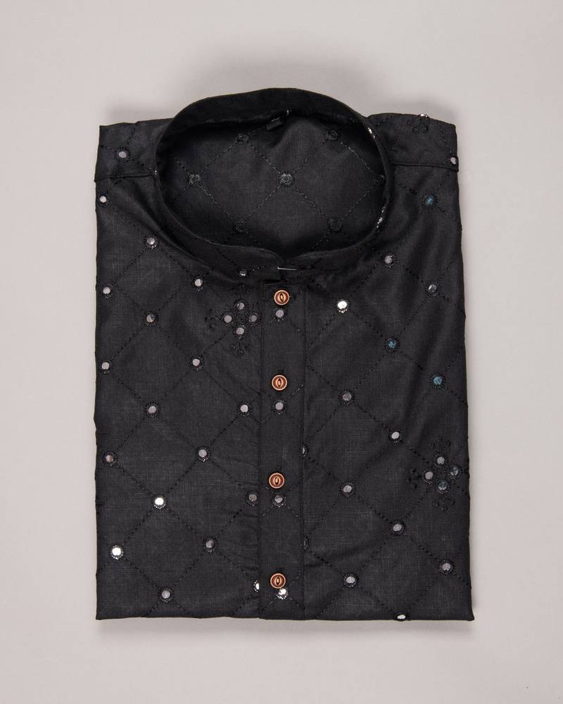 Black color pure cotton mirror with thread work kurta with payjama