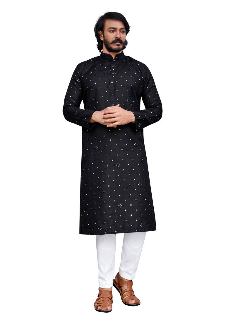 Black color pure cotton mirror with thread work kurta with payjama