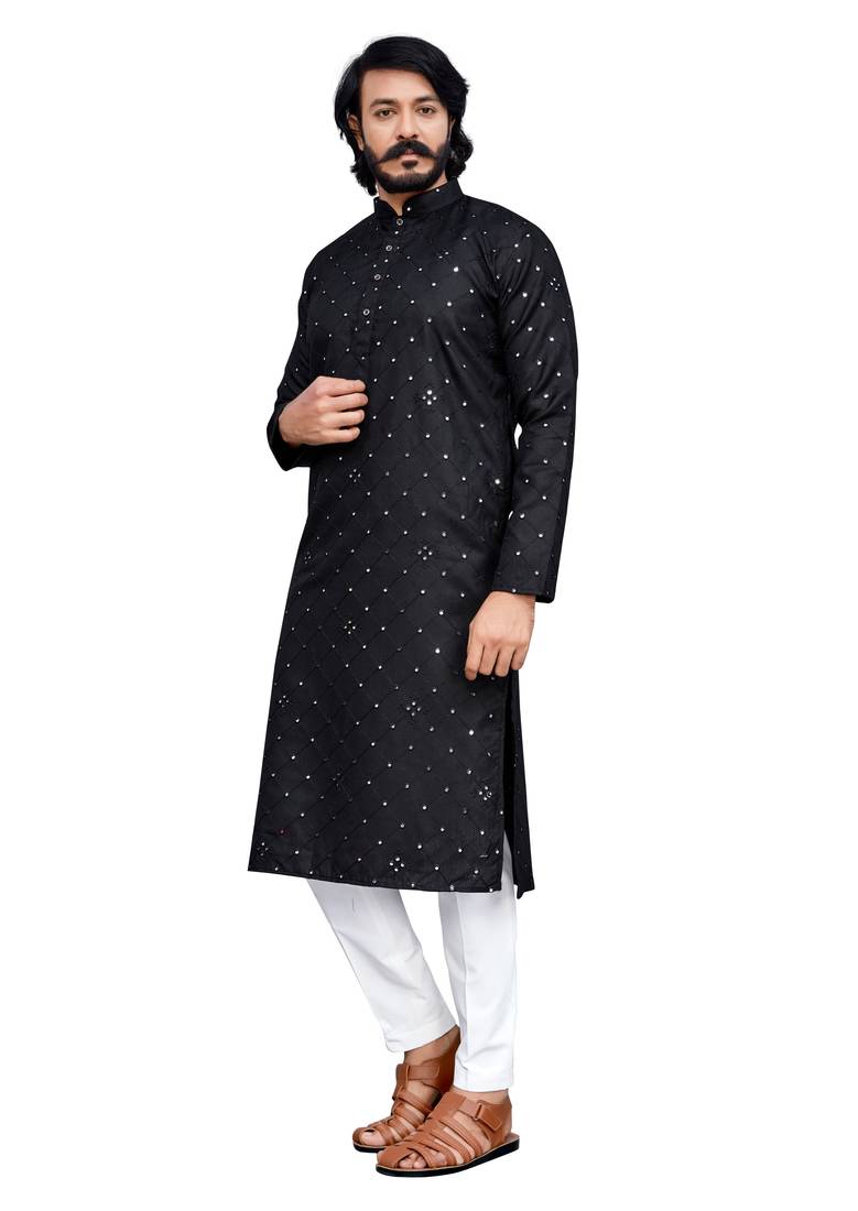 Black color pure cotton mirror with thread work kurta with payjama