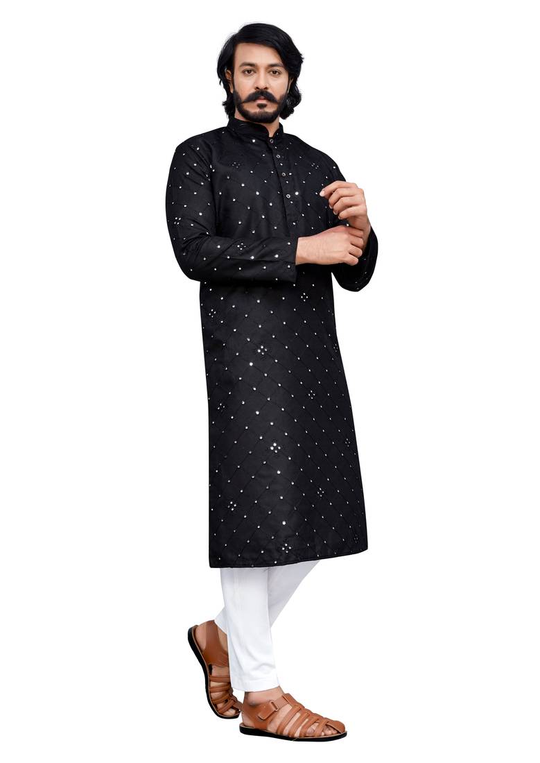 Black color pure cotton mirror with thread work kurta with payjama