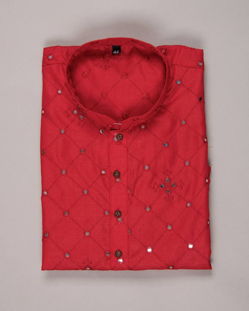 Red color pure cotton mirror with thread work kurta with payjama