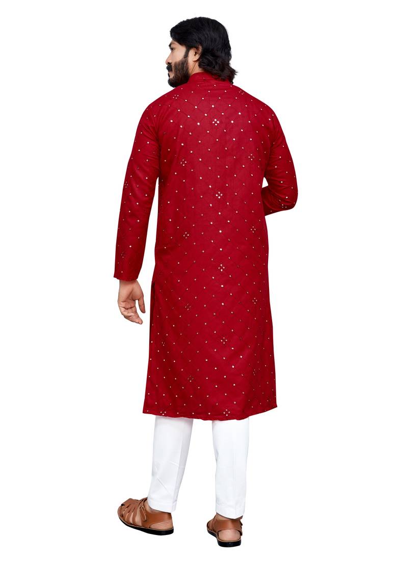 Red color pure cotton mirror with thread work kurta with payjama