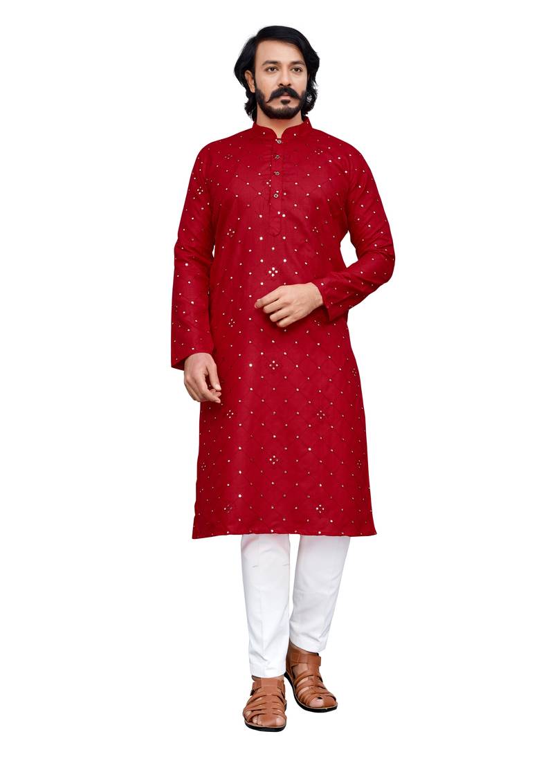 Red color pure cotton mirror with thread work kurta with payjama