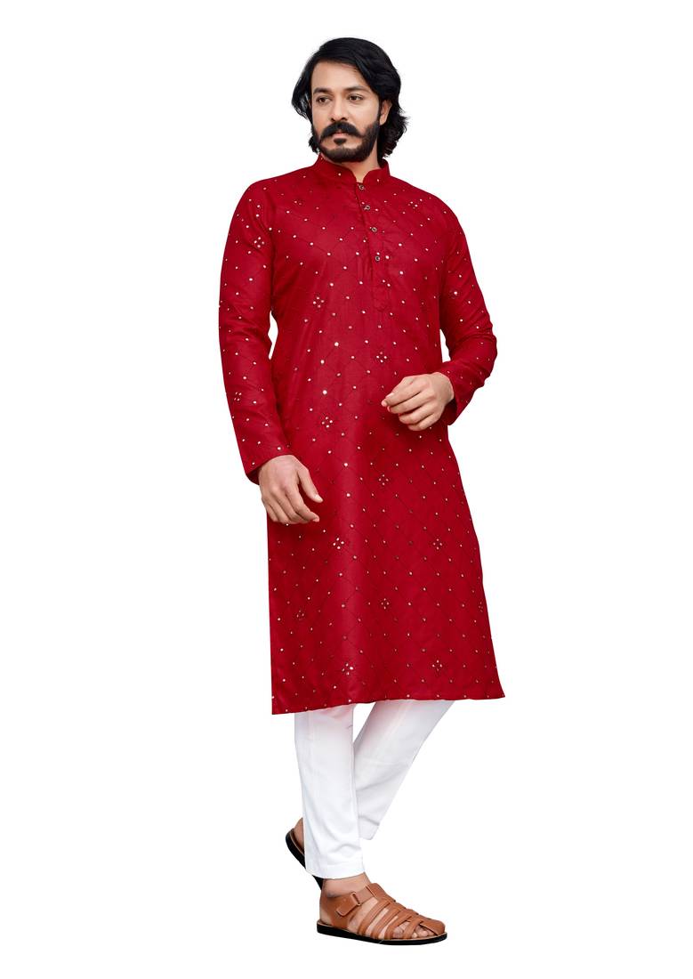 Red color pure cotton mirror with thread work kurta with payjama
