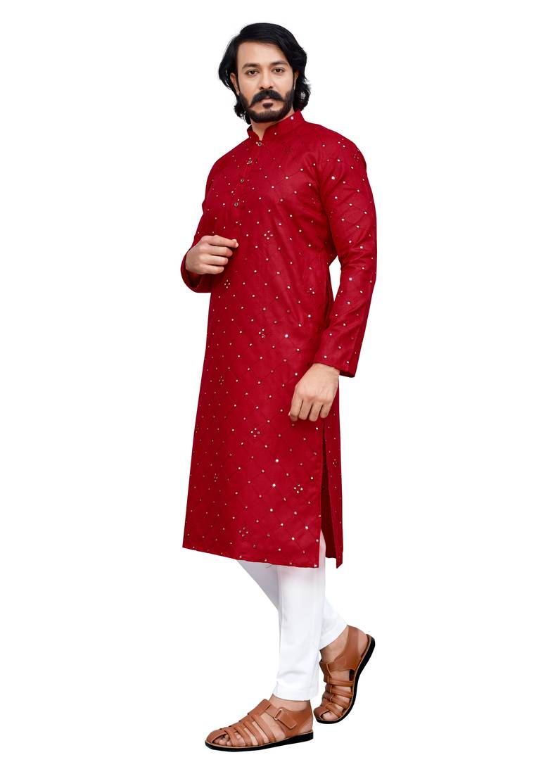 Red color pure cotton mirror with thread work kurta with payjama