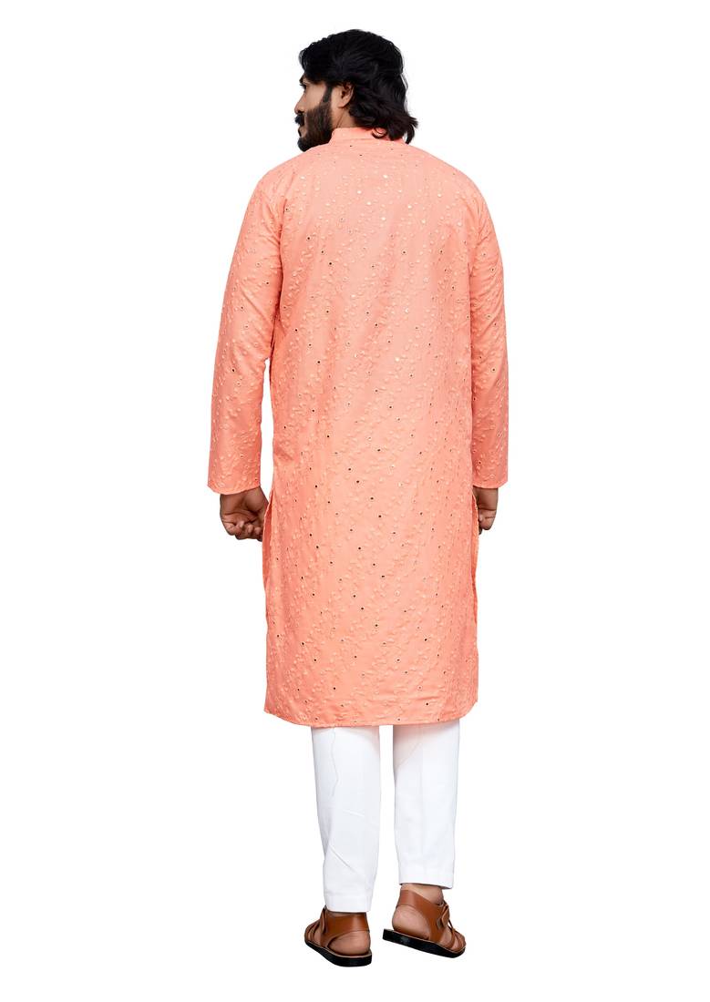 peach color pure cotton mirror with thread work kurta with payjama