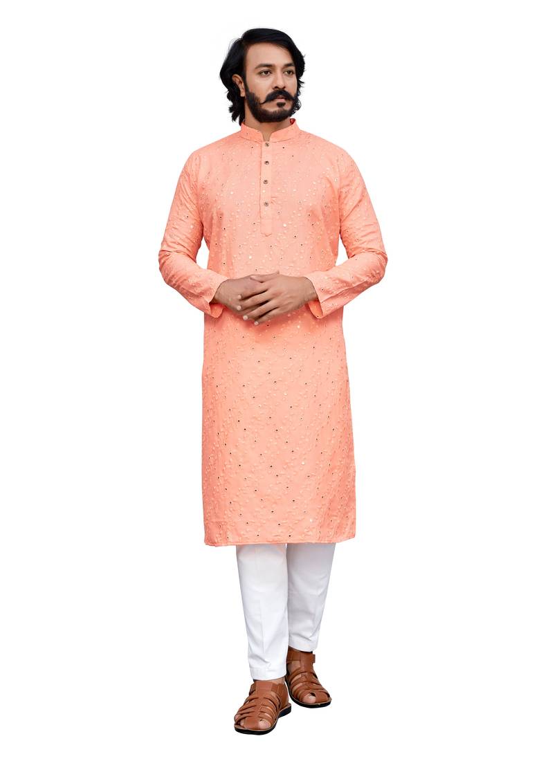 peach color pure cotton mirror with thread work kurta with payjama