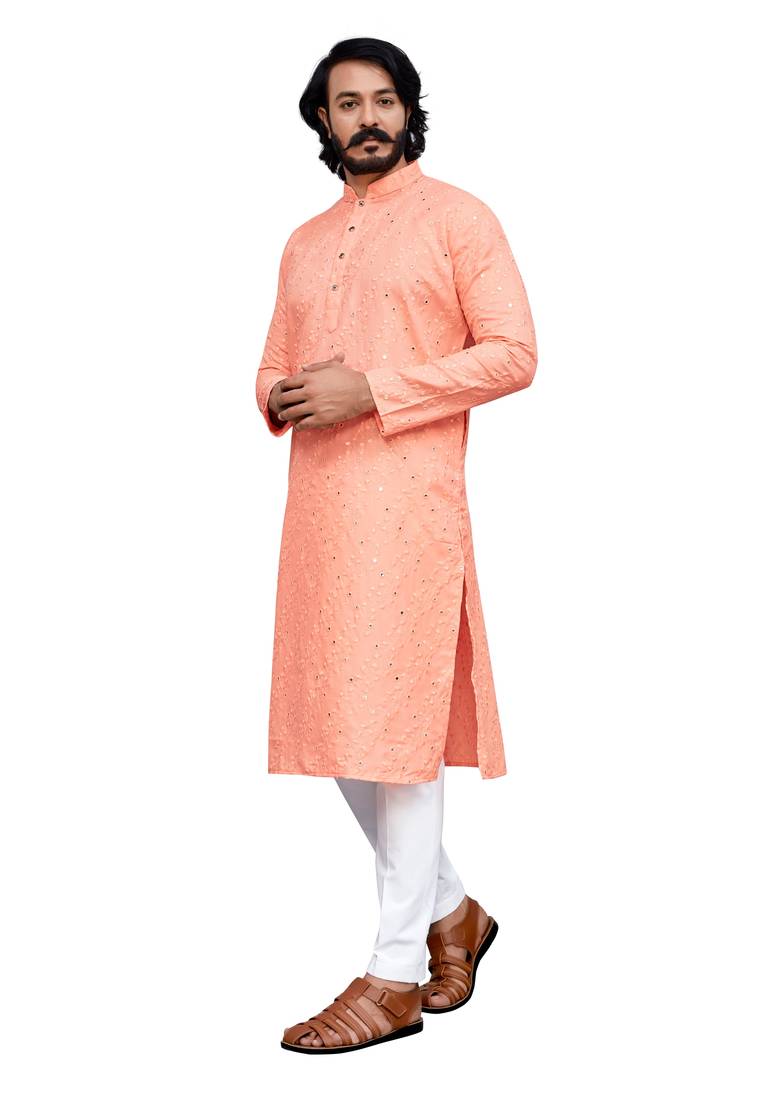 peach color pure cotton mirror with thread work kurta with payjama