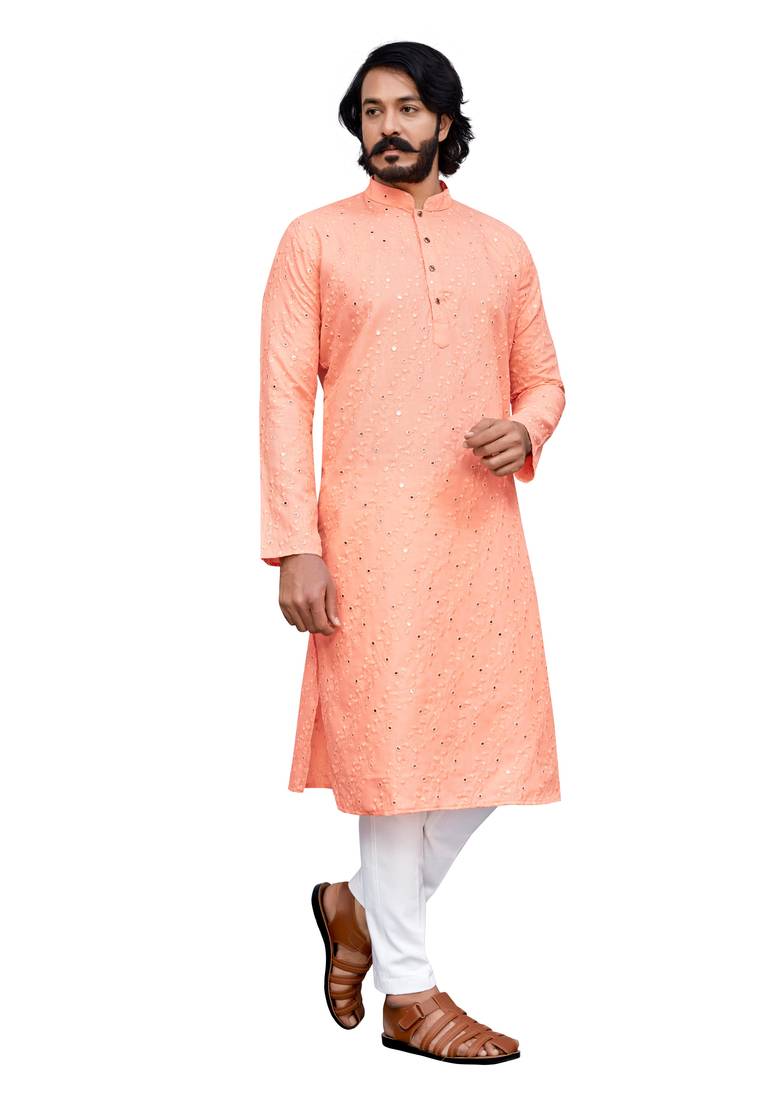 peach color pure cotton mirror with thread work kurta with payjama
