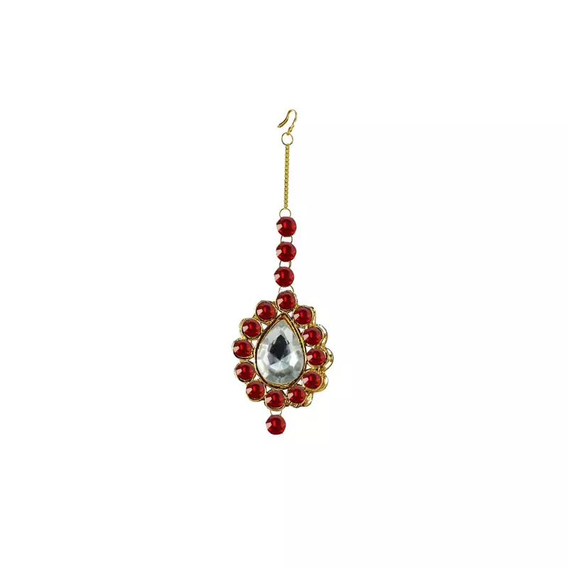Brass Gold Platted  Red Stone Studded  Maang Tikka