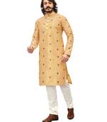 Beige color Printed with Embroidery thread work kurta with payjama