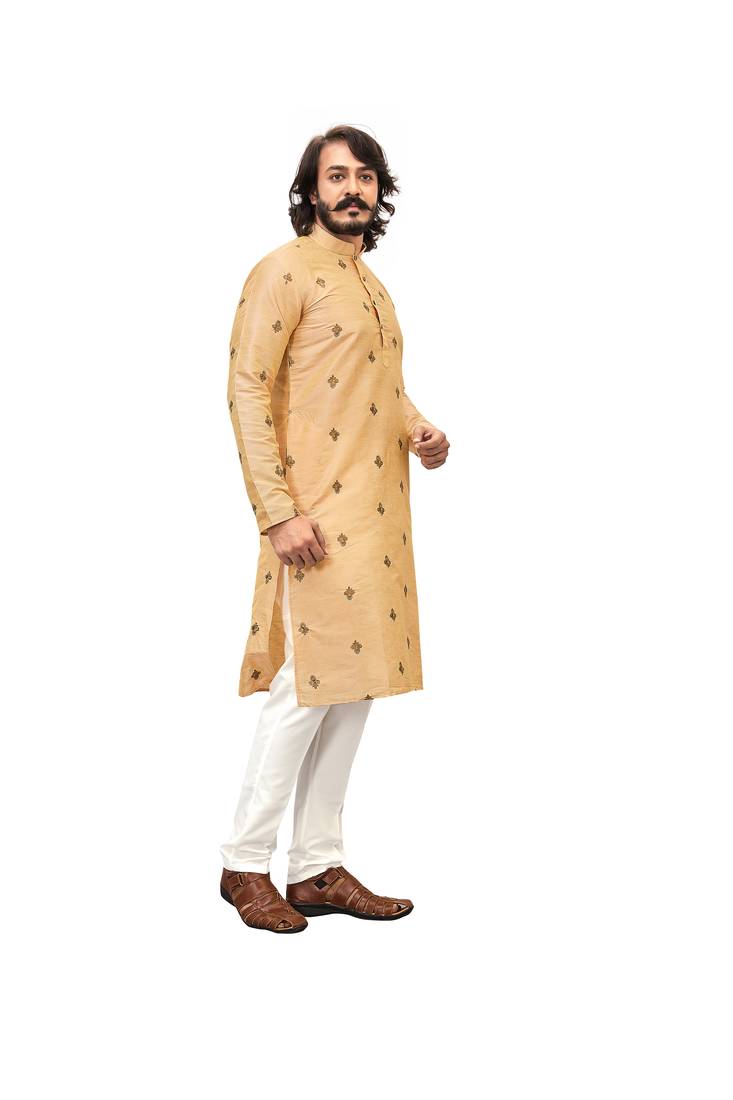 Beige color Printed with Embroidery thread work kurta with payjama