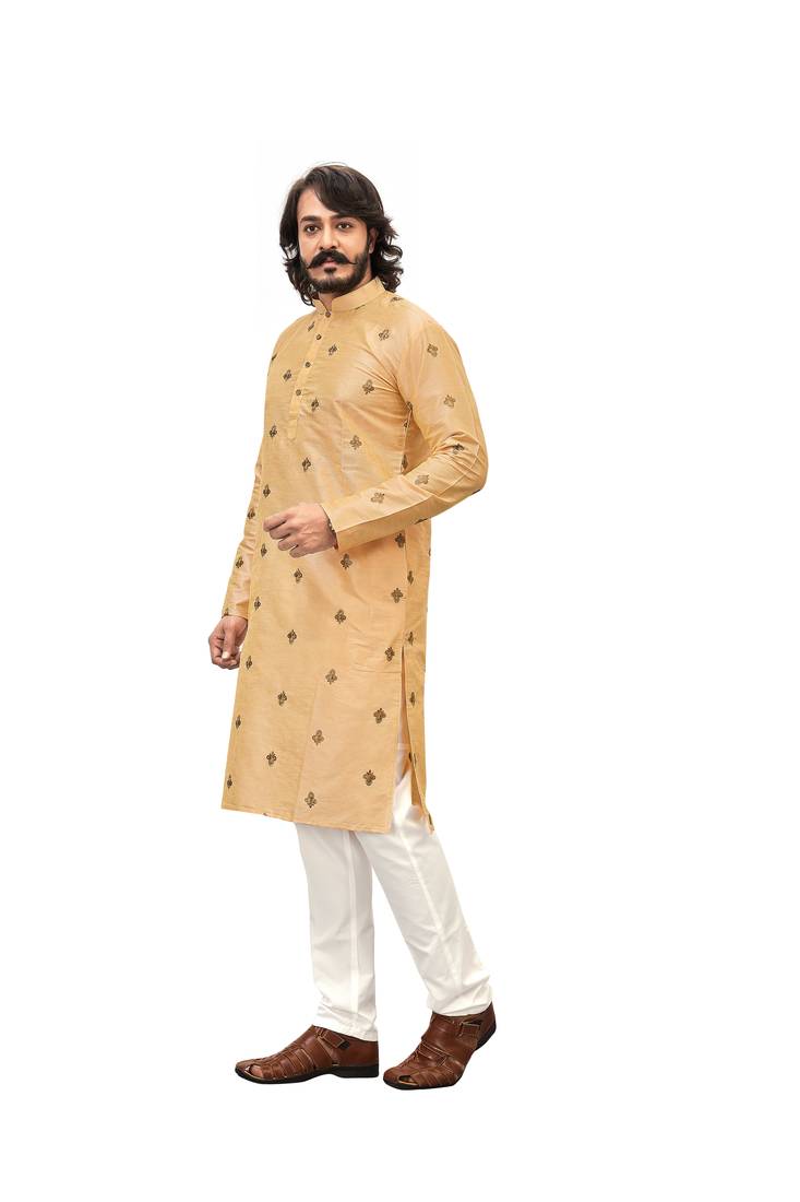 Beige color Printed with Embroidery thread work kurta with payjama