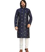 Blue color Printed with Embroidery thread work kurta with payjama