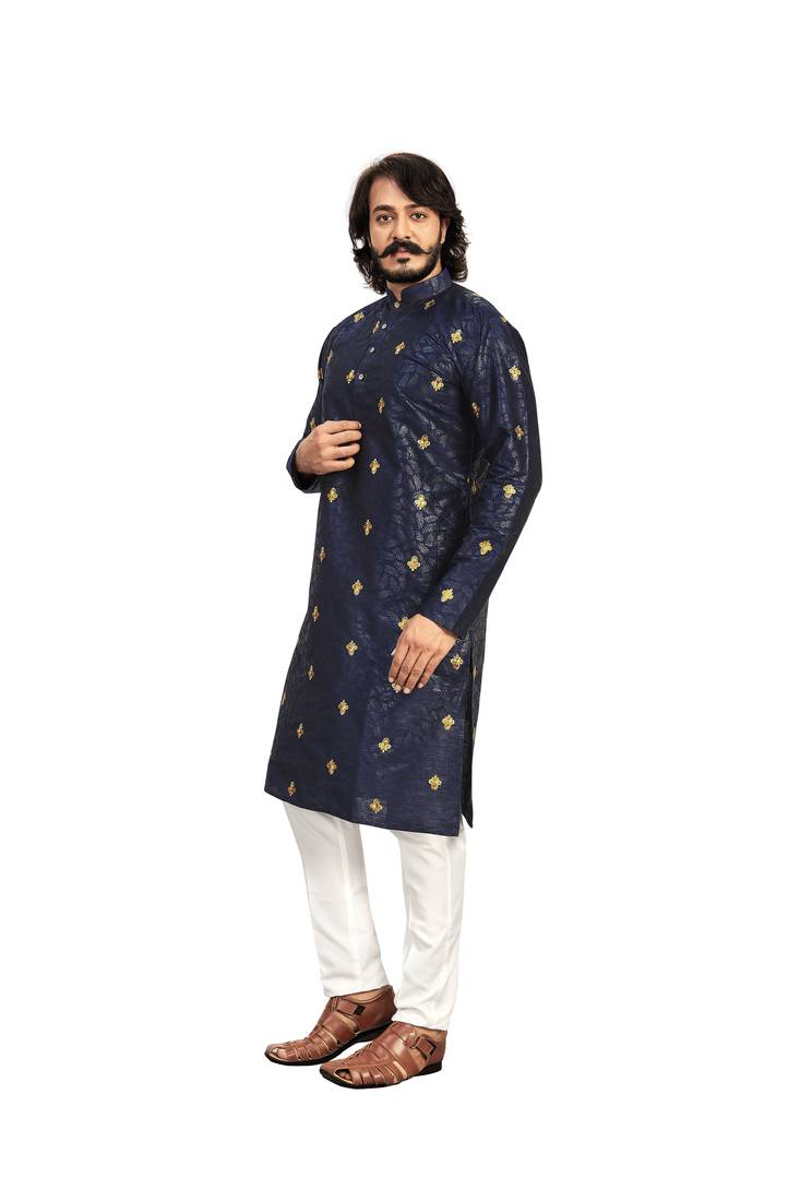 Blue color Printed with Embroidery thread work kurta with payjama