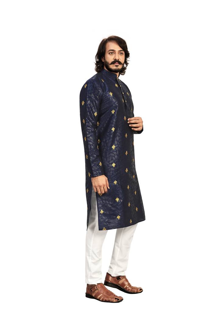 Blue color Printed with Embroidery thread work kurta with payjama