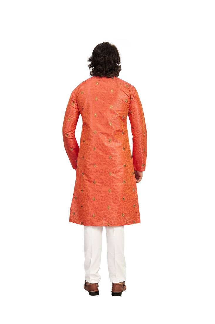 Peach color Printed with Embroidery thread work kurta with payjama