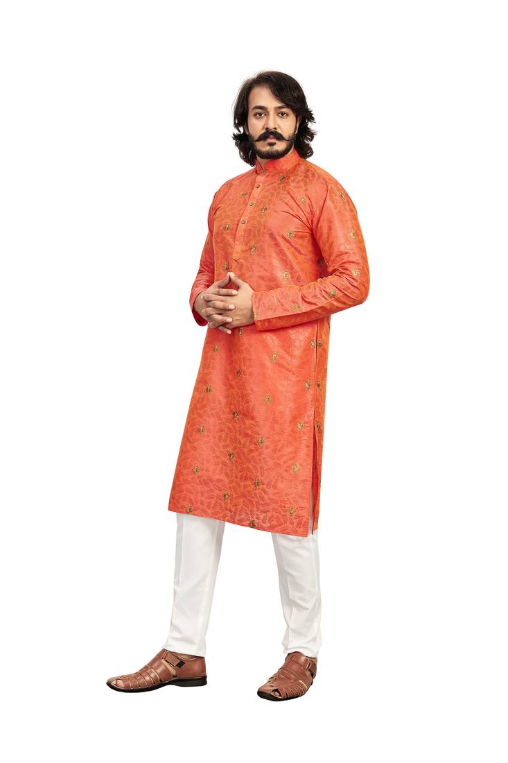 Peach color Printed with Embroidery thread work kurta with payjama