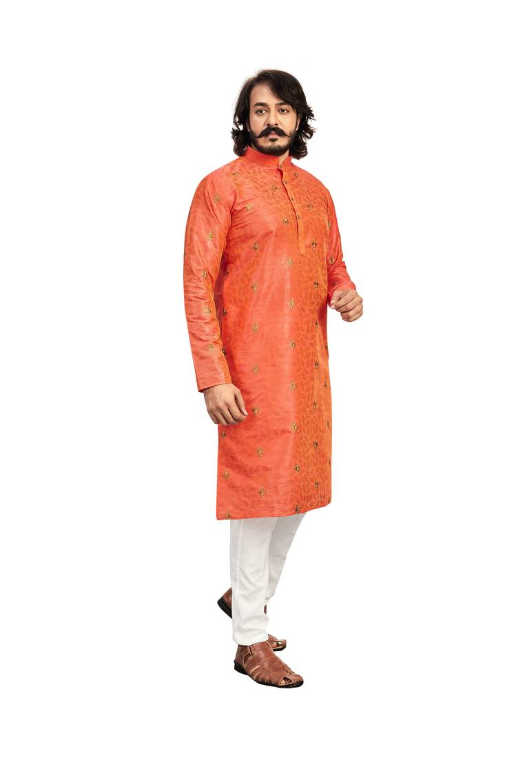 Peach color Printed with Embroidery thread work kurta with payjama