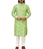 Pista color Printed with Embroidery thread work kurta with payjama
