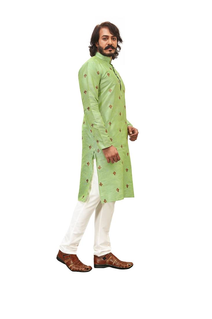 Pista color Printed with Embroidery thread work kurta with payjama