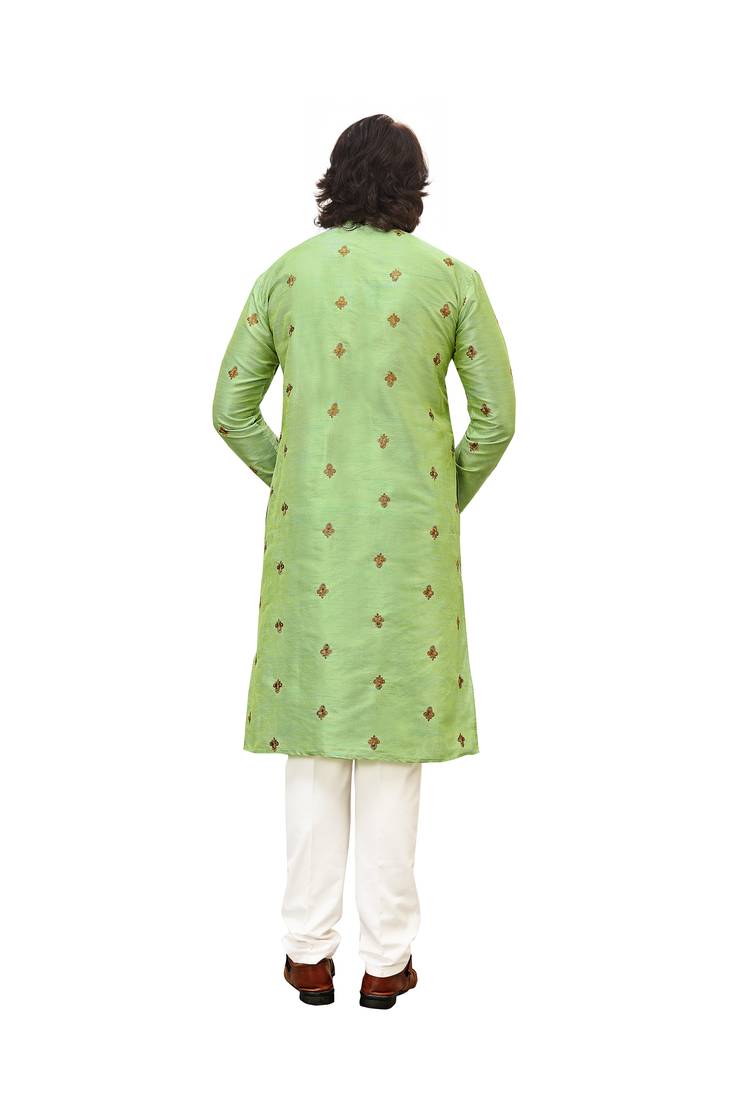 Pista color Printed with Embroidery thread work kurta with payjama