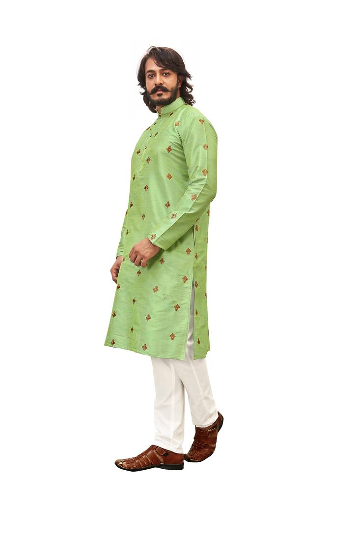 Pista color Printed with Embroidery thread work kurta with payjama