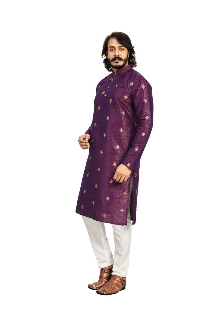 Purple color Printed with Embroidery thread work kurta with payjama