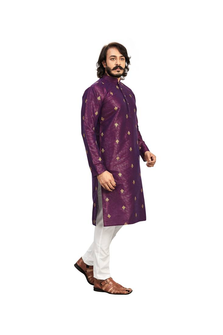 Purple color Printed with Embroidery thread work kurta with payjama