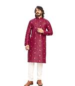 Wine color Printed with Embroidery thread work kurta with payjama