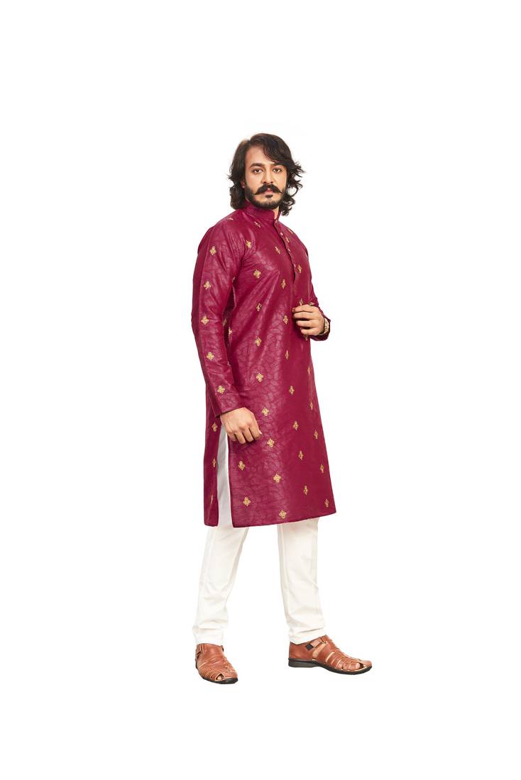 Wine color Printed with Embroidery thread work kurta with payjama