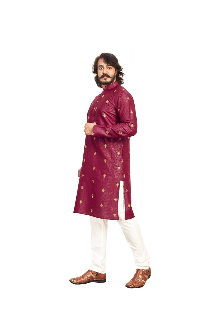 Wine color Printed with Embroidery thread work kurta with payjama