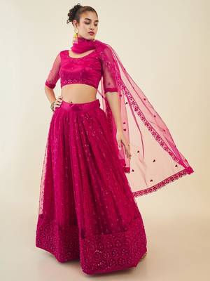 pink embroidered net lehenga set choli with dupatta  1
