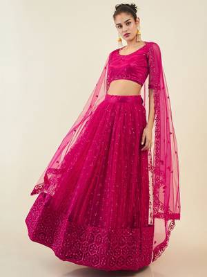 pink embroidered net lehenga set choli with dupatta  2