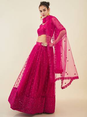 pink embroidered net lehenga set choli with dupatta  5