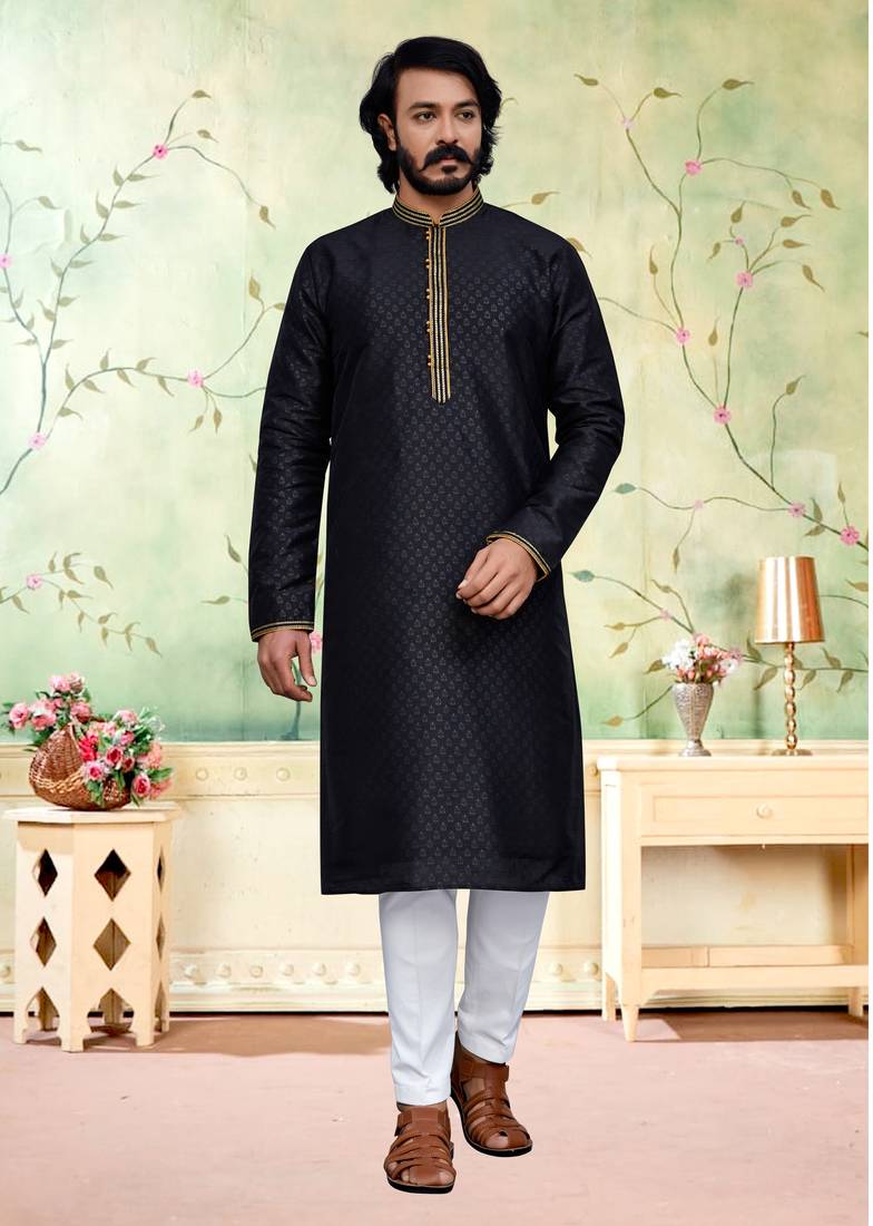 Black color hand cottan silk kurta with payjama
