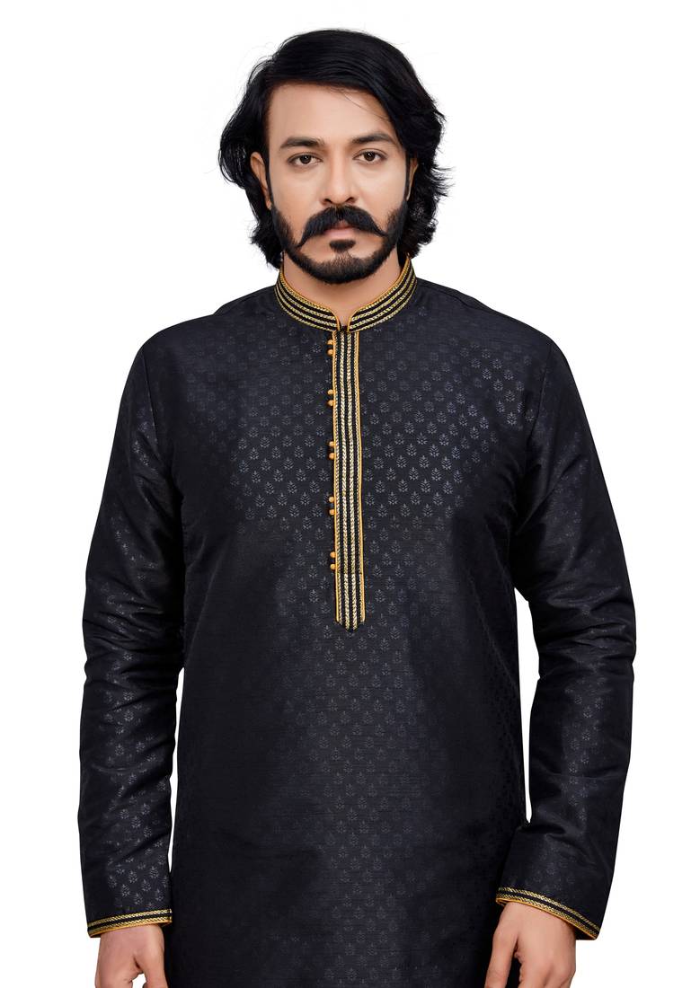 Black color hand cottan silk kurta with payjama