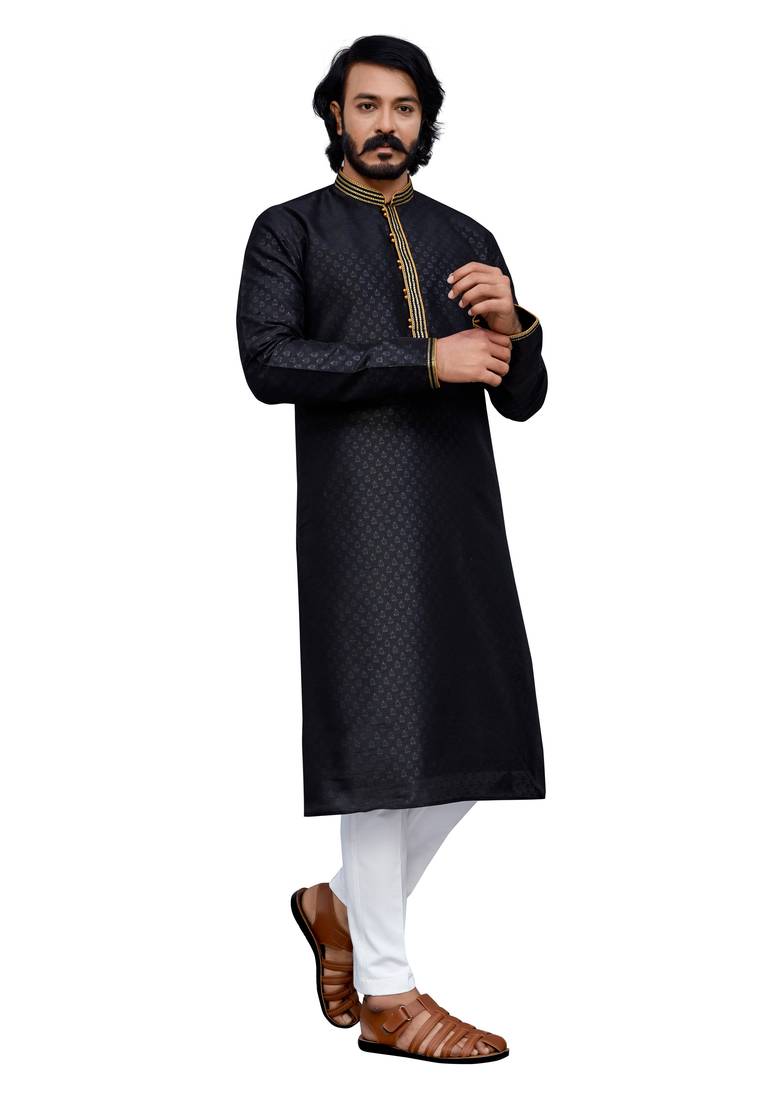 Black color hand cottan silk kurta with payjama