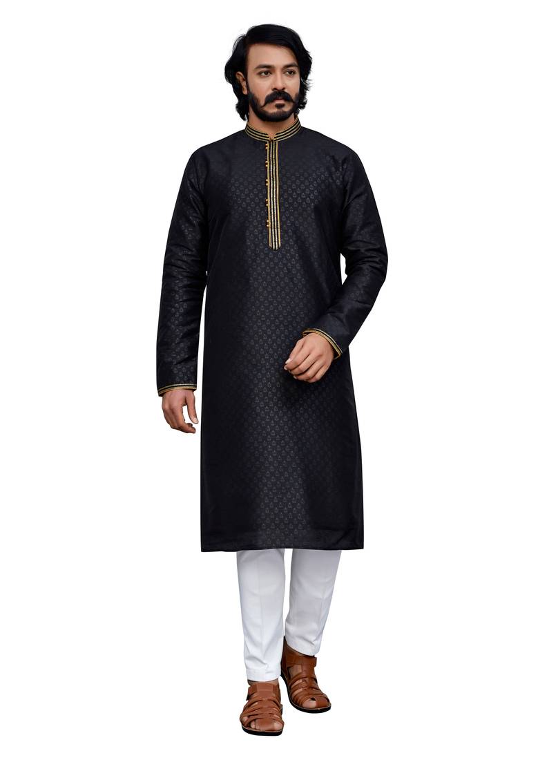 Black color hand cottan silk kurta with payjama