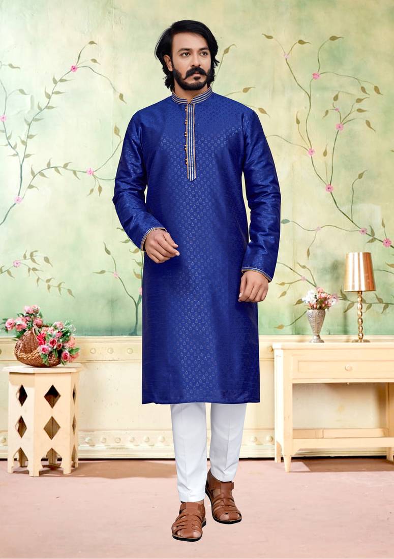 Blue color hand cottan silk kurta with payjama