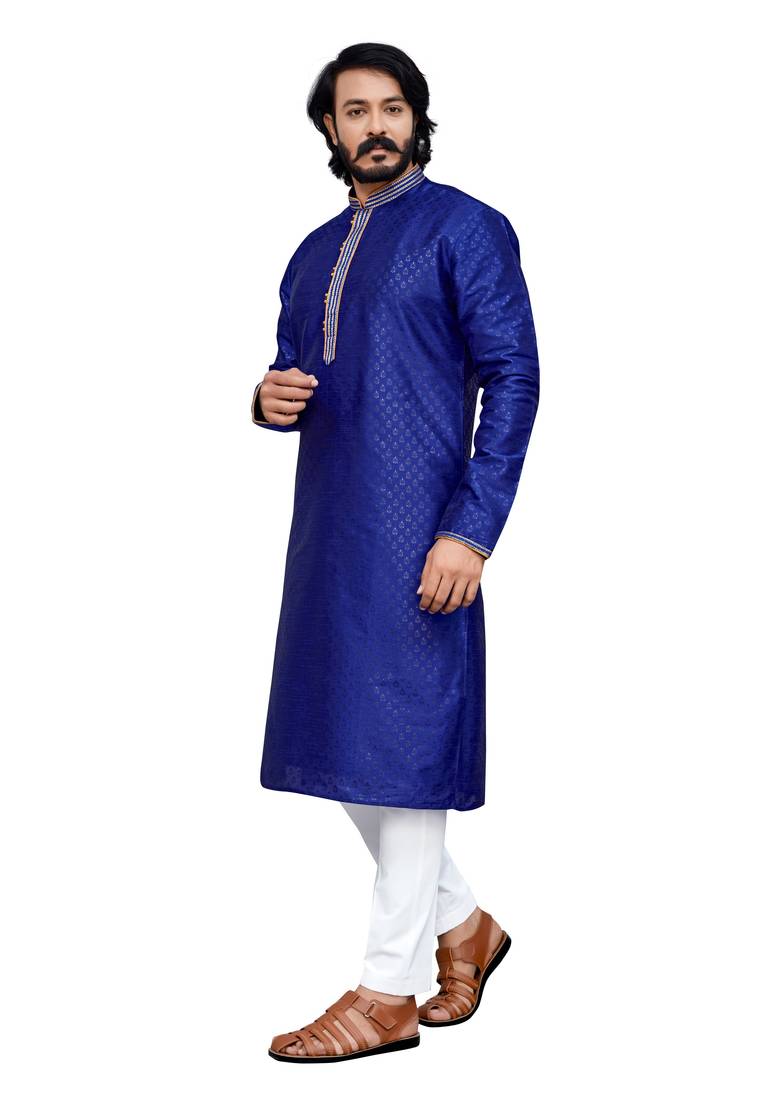 Blue color hand cottan silk kurta with payjama