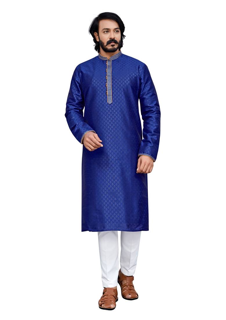 Blue color hand cottan silk kurta with payjama